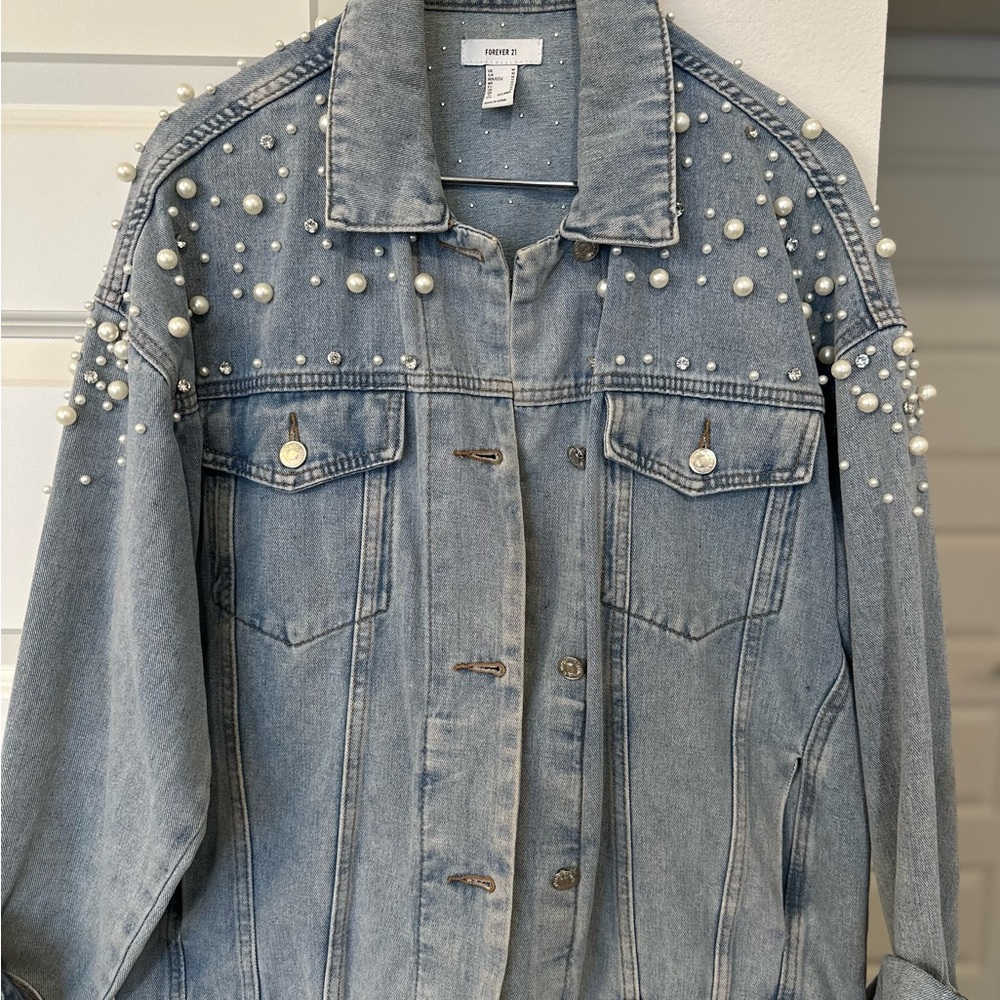 Forever 21 Blue Jean Jacket with Pearl Accents